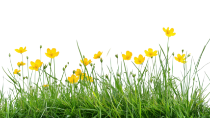 Grass with Yellow Flowers Isolated on White Background — Natural Green Grass, Yellow Blooms