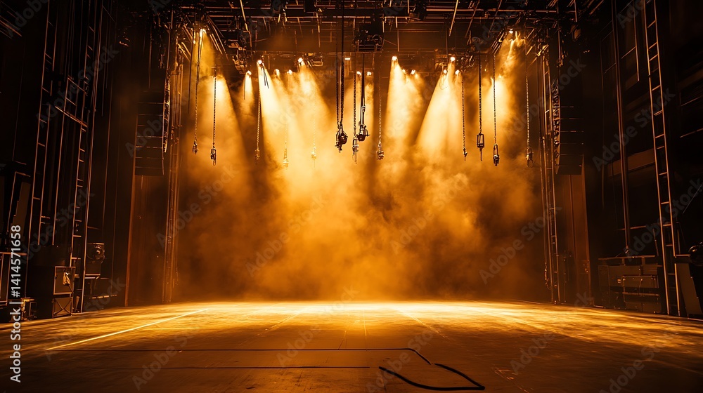 Poster empty stage with bright lights and fog effect for performance