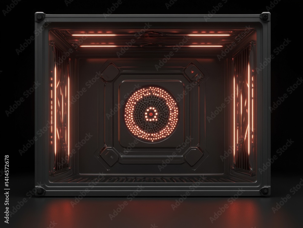 Poster dark futuristic container with glowing orange lights and intricate geometric patterns, a modern indu