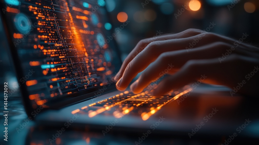 Poster night coding: hands typing on glowing laptop keyboard