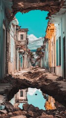 A narrow alleyway with a large crack in the ground