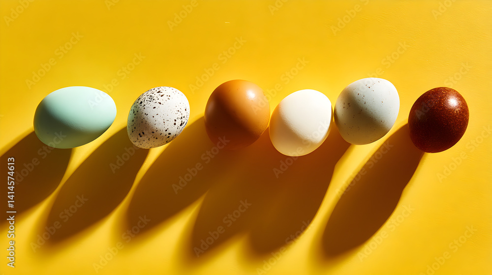 Aufkleber vibrant display of colorful eggs in row on bright yellow background with soft shadows and unique tex