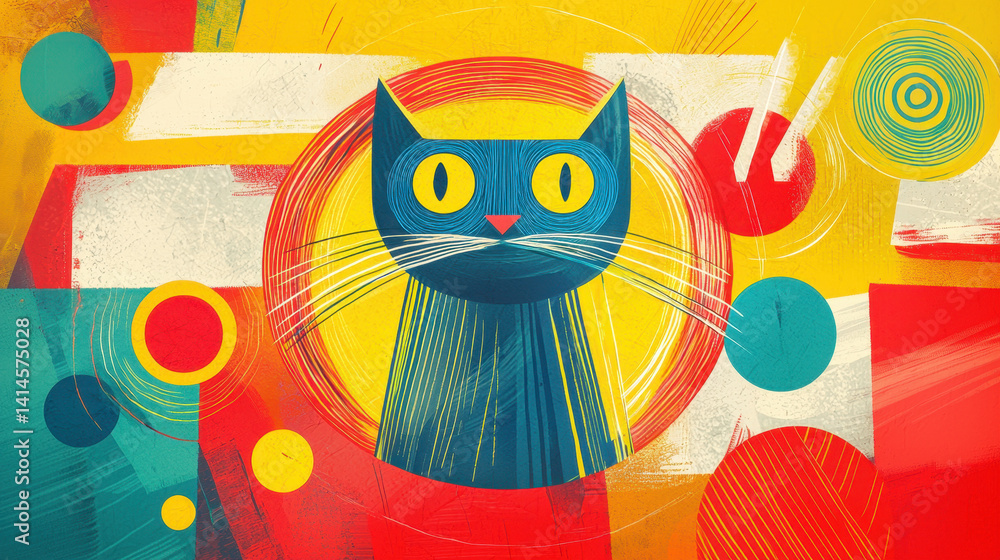 Poster vibrant abstract artwork featu a stylized black cat with yellow eyes surrounded by colorful geometri