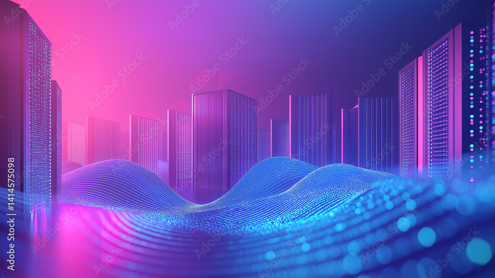 Poster a high tech data center with blue energy waves and server racks representing modern digital systems