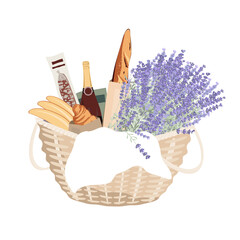 Big picnic basket isolated illustration. Vine bottle, baguette, salami, croissants, book, and a big bunch of lavender flowers. Romantic outdoor date concept. Vector illustration.