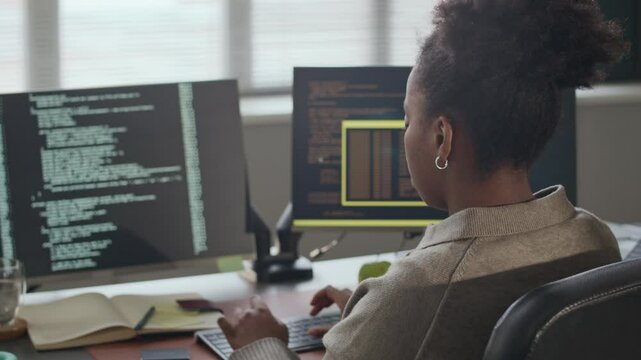 Rear view zoom out shot of focused young African American female programmer typing code while working at office desk in front of PC at daytime