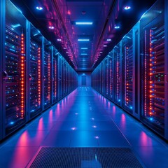 Fototapeta premium Advanced Data Center with Server Racks and LED Lighting for Digital Infrastructure