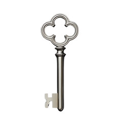 Vintage Silver Key with Intricate Clover Design on Isolated Background