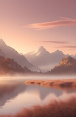 Obraz premium Mist hangs over the still lake at dawn, while the sky glows with the colors of sunset in the evening