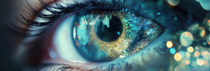 Woman's eye, new technology, programming languages, double exposure