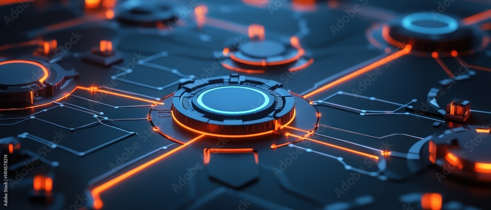 Poster abstract futuristic technology: neon circuitry and glowing nodes