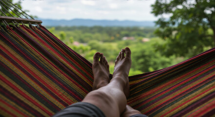 Bare feet relaxing in colorful striped hammock with green valley and mountains view. Peaceful outdoor leisure for vacation relaxation and countryside retreats