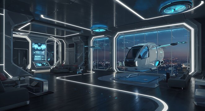 Futuristic Cityscape Night View from a Modern Helicopter Lounge