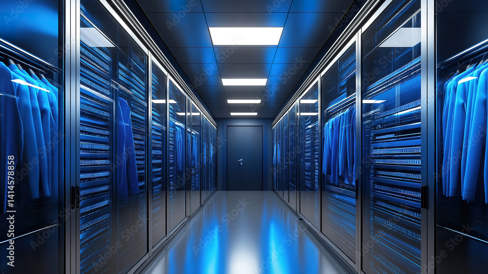 Poster a server corridor filled with glowing reflections representing futuristic digital operations