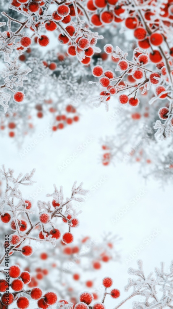 Poster festive winter scene of frosted branches adorned with vibrant red berries against a soft snowy backg