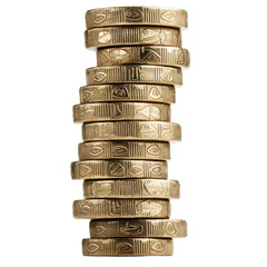 Stacked Gold Coins with Intricate Patterns and Textures on Surface