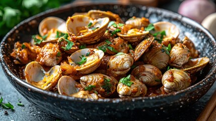 Fototapeta premium Delicious savory seafood dish featu cooked clams with herbs and spices served in a rustic bowl, perfect for seafood lovers and gourmet cuisine enthusiasts