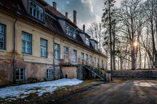 Old abandoned Vecbebri Manor  in Latvia. Rear facade of the estate.