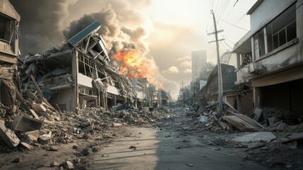 A city street is destroyed by a fire, with a large building in the background