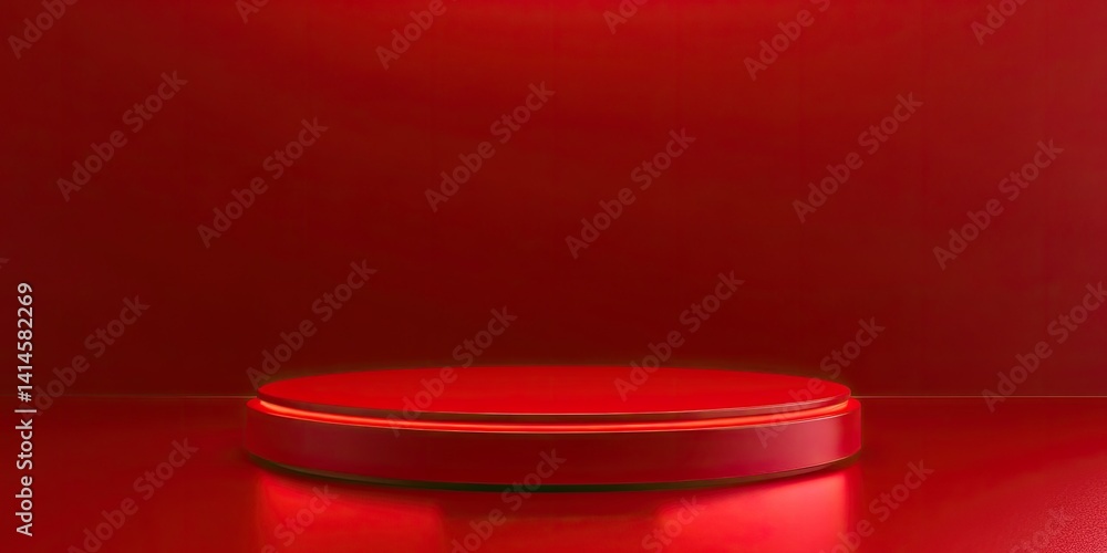 Poster red round pedestal with led lighting on shiny red floor against a solid red backdrop