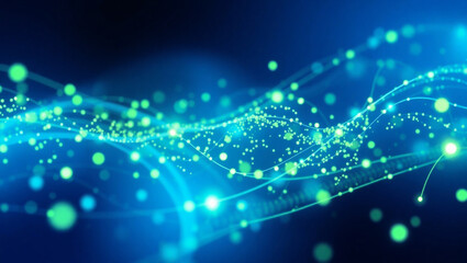 Abstract Futuristic Technology Background with Dynamic Green and Blue Particle Waves and Light Trails Visualizing Data Flow