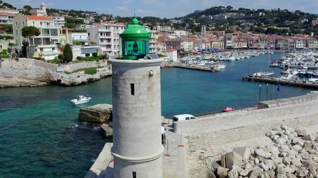 Aerial flyover above the Village of Cassis France on the French Riviera 