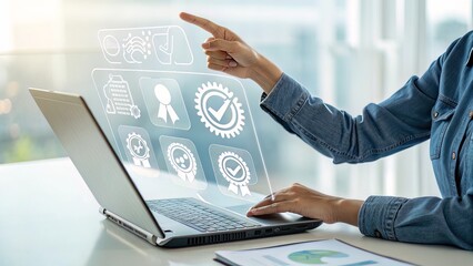 A tech-savvy individual gestures toward a translucent hologram featuring ISO standards and digital certification icons over a laptop.
