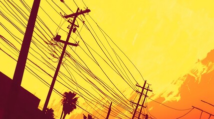 Urban sunset, power lines, city, palm trees, vibrant sky, graphic design