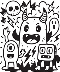 Unique Hand-Drawn Black and White Doodle Art Set Whimsical Characters & Monsters Illustration