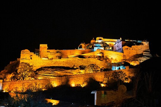 Badal Mahal and Kumbha Mahal at night, fort complex, Kumbhalgarh, Rajsamand District, Rajasthan