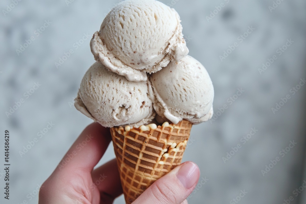 Poster a hand holds a stacked trio of creamy vanilla ice cream scoops in a crunchy waffle cone against a so