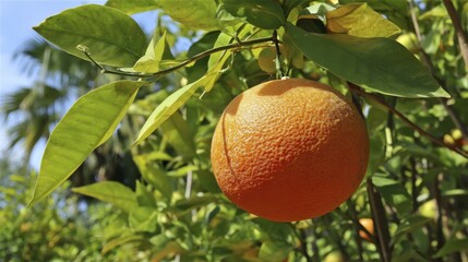 A vibrant, sun-ripened orange, still attached to its leafy stem - sunshine vibrant closeup
