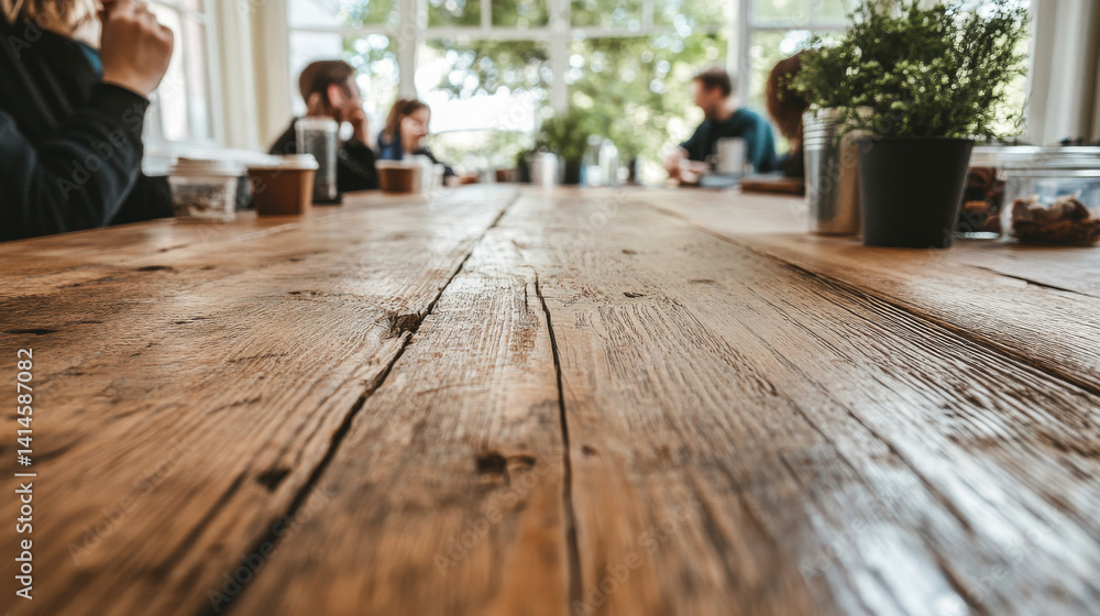 Poster rustic wooden table set for gathering, surrounded by people enjoying conversation and refreshments. 