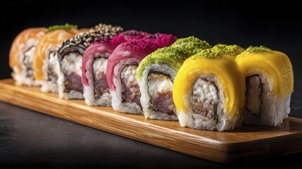 Assortment of colorful maki rolls, artistically arranged on a wooden platter - photography egg high shrimp cucumber