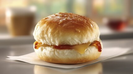 Close-up of a single hamburger bun, showcasing its texture, air pockets visible, soft and pillowy appearance - homemade baked golden