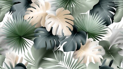 Seamless Tropical Leaf Pattern Green Beige Monstera Palm Leaves on White Background