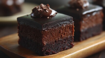 Rich, decadent chocolate brownie, fudgy texture, topped with chocolate ganache - treat pieces chunks