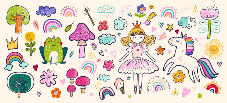 Baby fairy tales hand drawn design for textile, posters, cards. Baby animals pattern. Fabric baby design.. Vector illustration with cute fairy tale characters. Nursery baby pattern illustration