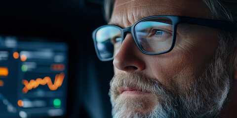 Focused man with glasses analyzing financial data on screen, showcasing determination and insight into market trends