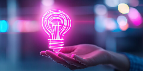 glowing pink light bulb illustration held in hand symbolizes creativity and innovation. vibrant colors and soft bokeh background enhance visual appeal