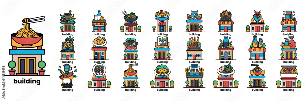 Poster a series of buildings with different types of food on top of them