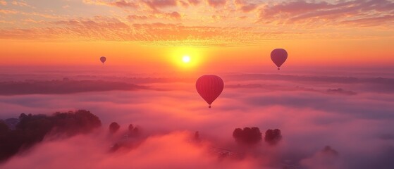 Sunrise Hot Air Balloons over Misty Landscape