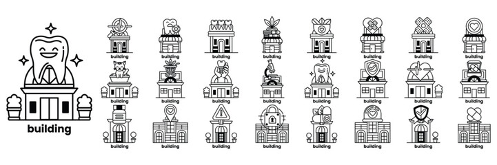 A series of buildings with a smiling tooth in the middle