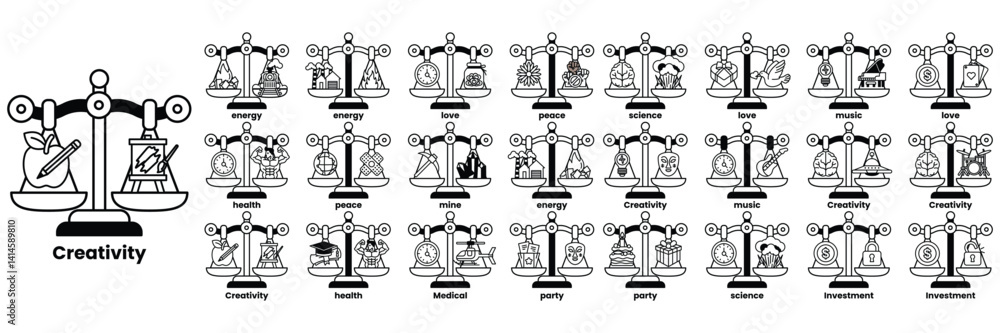 Poster a scale with many different weights and a variety of items on it