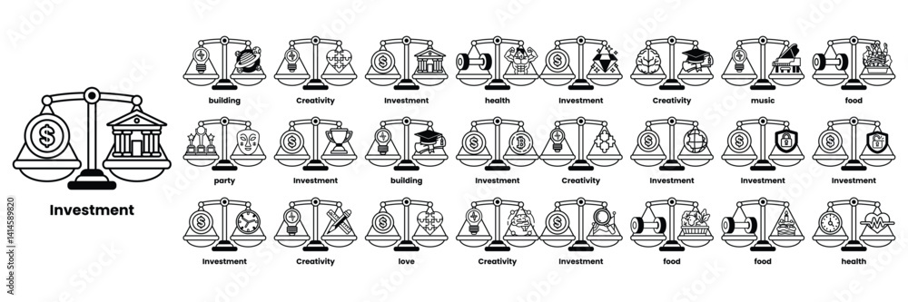 Poster the image is a collection of scales with different weights on each side