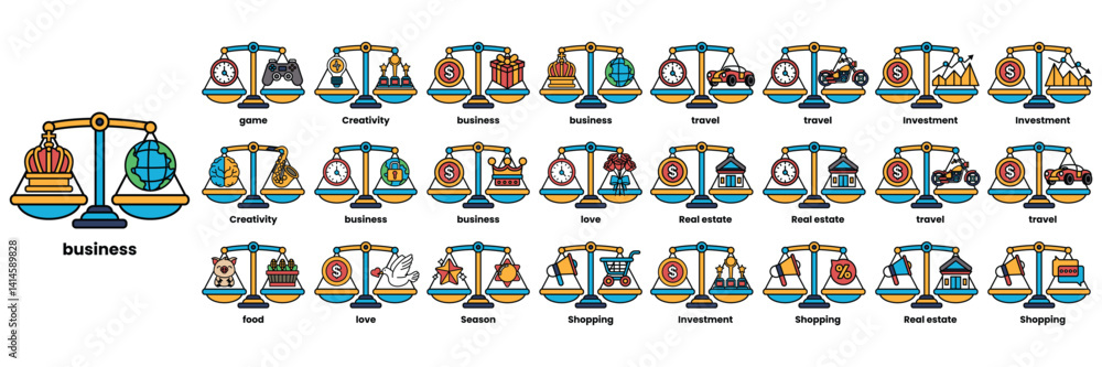 Poster the image is a collection of scales with different weights and objects on them