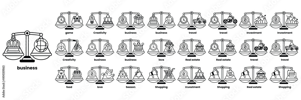 Poster the image is a collection of scales with different weights and objects on them