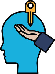 A blue head with a hand on it and a key on top of it