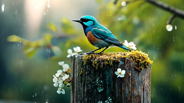 Vibrant bird perched on a mossy stump surrounded by flowers in a tranquil, rainy forest