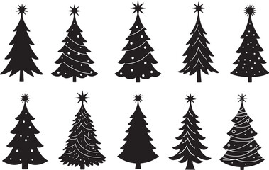 Christmas Tree Silhouettes – Black and White Stylized Holiday Icons with Ornaments and Stars